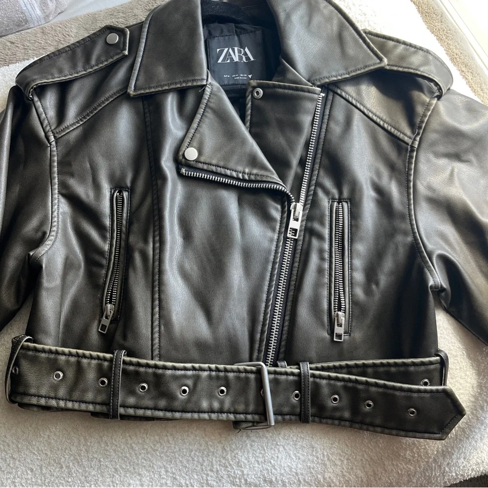 Zara Dark Gray Leather Biker Jacket - Picture 4 of 5